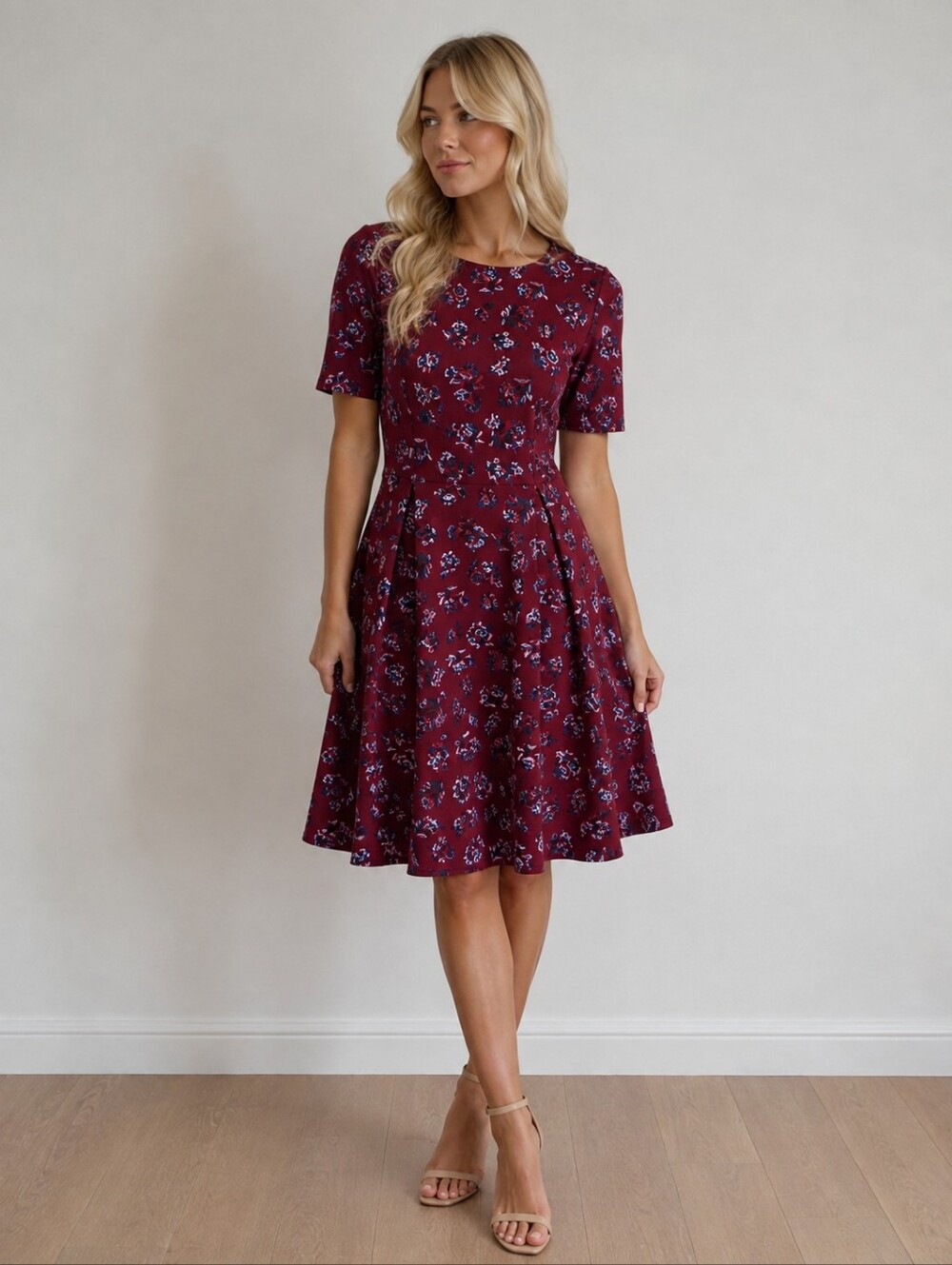 Joe Fresh Burgundy Floral Midi Fit-and-Flare Dress